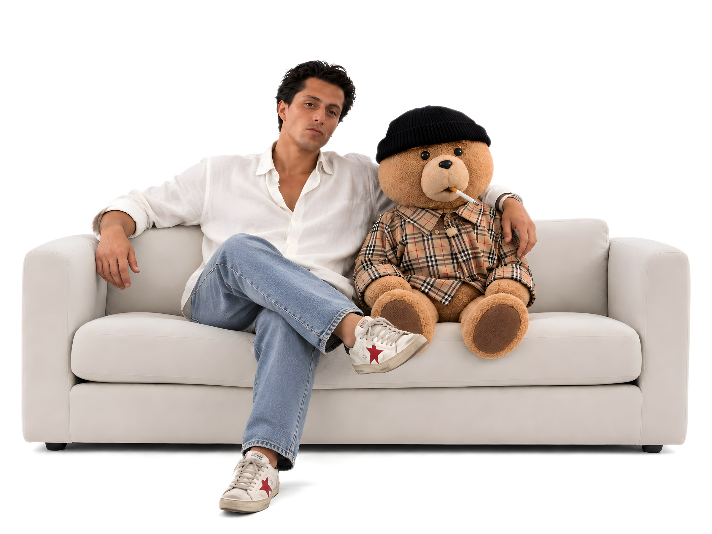 Homem de camisa branca e calças de ganga sentado num sofá ao lado de um urso de peluche de gorro