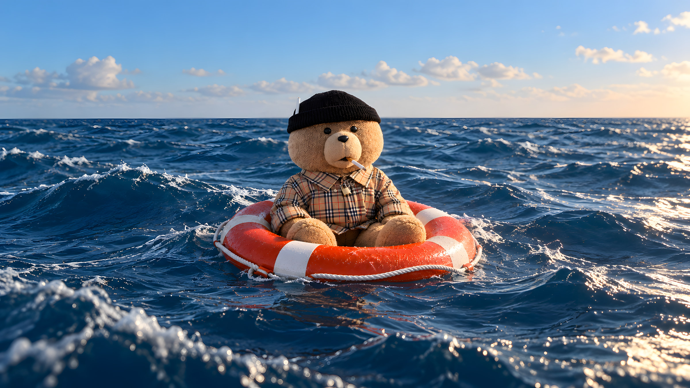 Urso de peluche de gorro numa boia, no mar