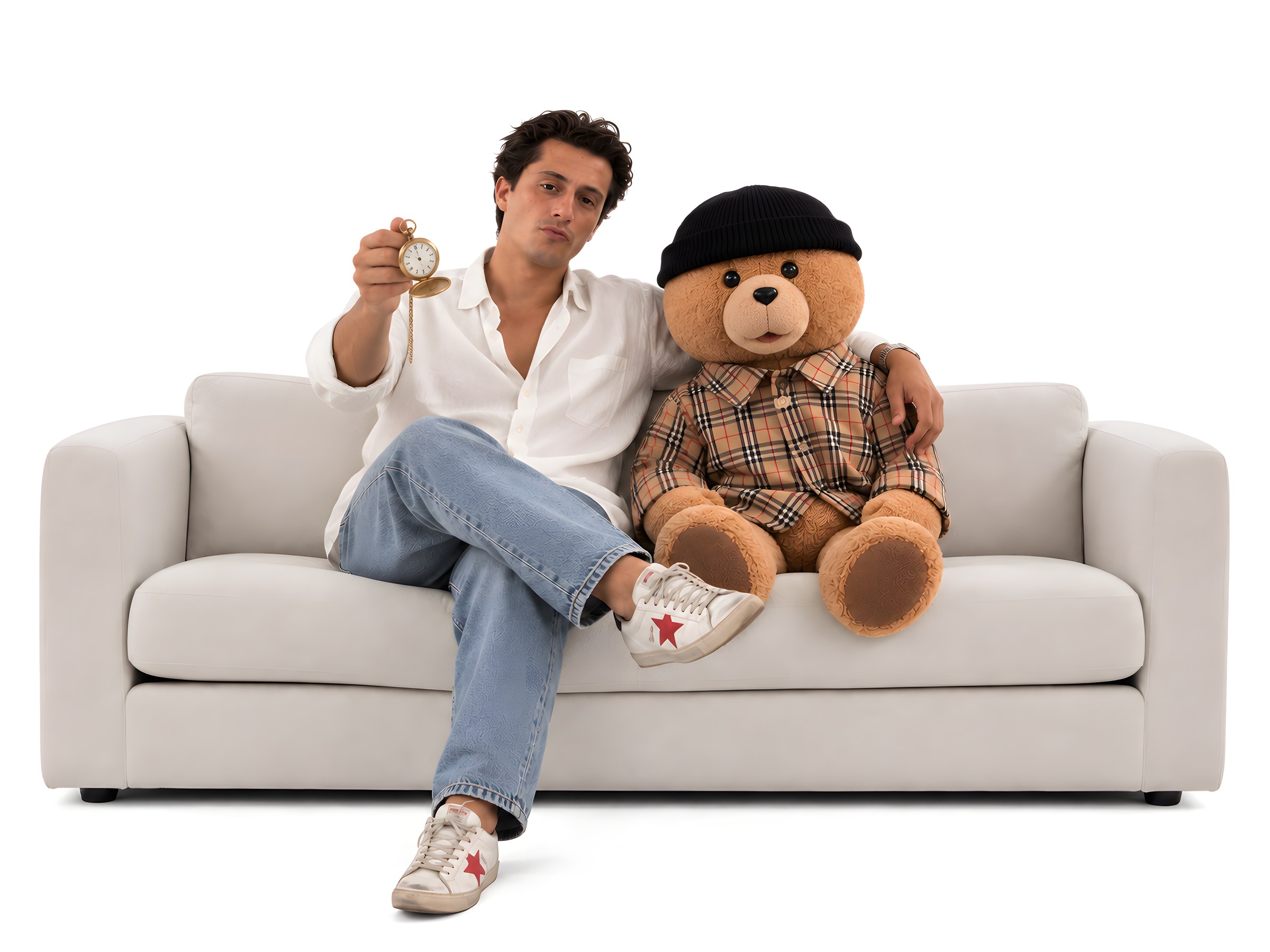 Homem sentado num sofá a mostrar um relógio de bolso, ao lado de um urso de peluche de gorro